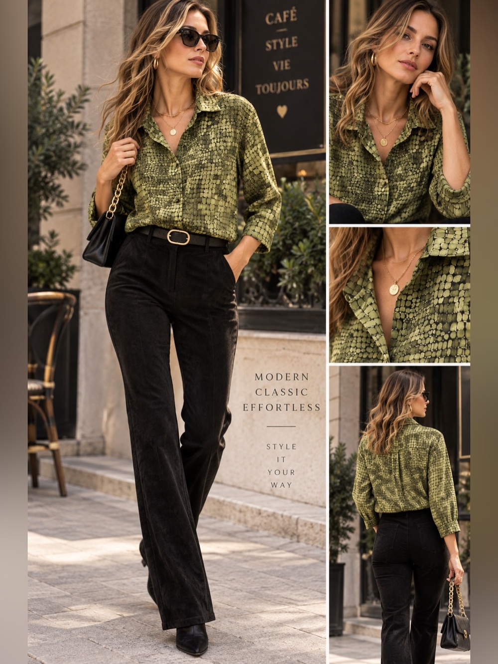 cleo Olive Green Printed Blouse with Classic Collar